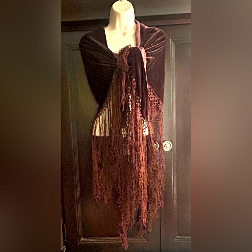 Lord and Taylor Burgundy Wine Velvet Fringe Shawl